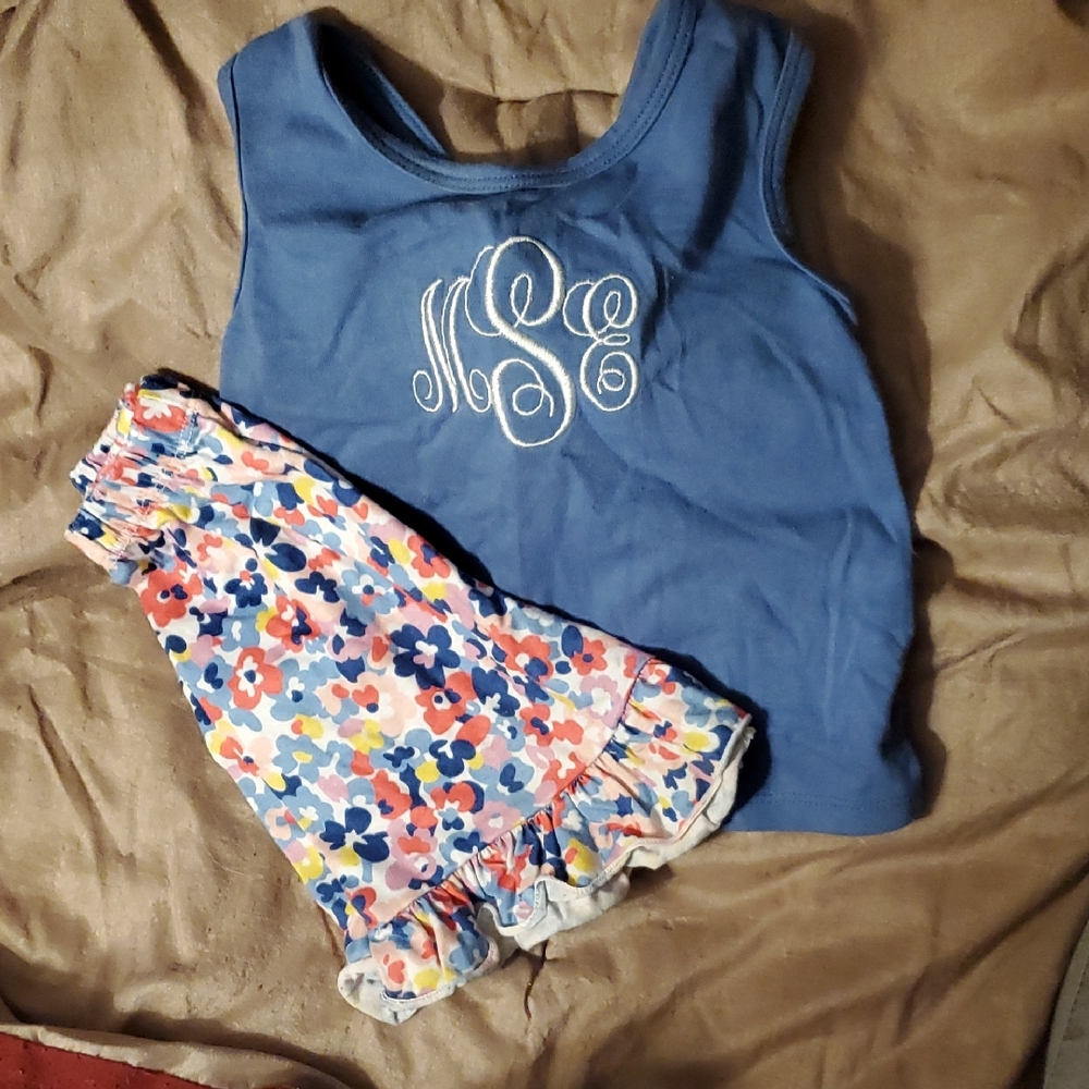 Blue Monogrammed Tank Top and Floral Short Set, Monogram "MES"